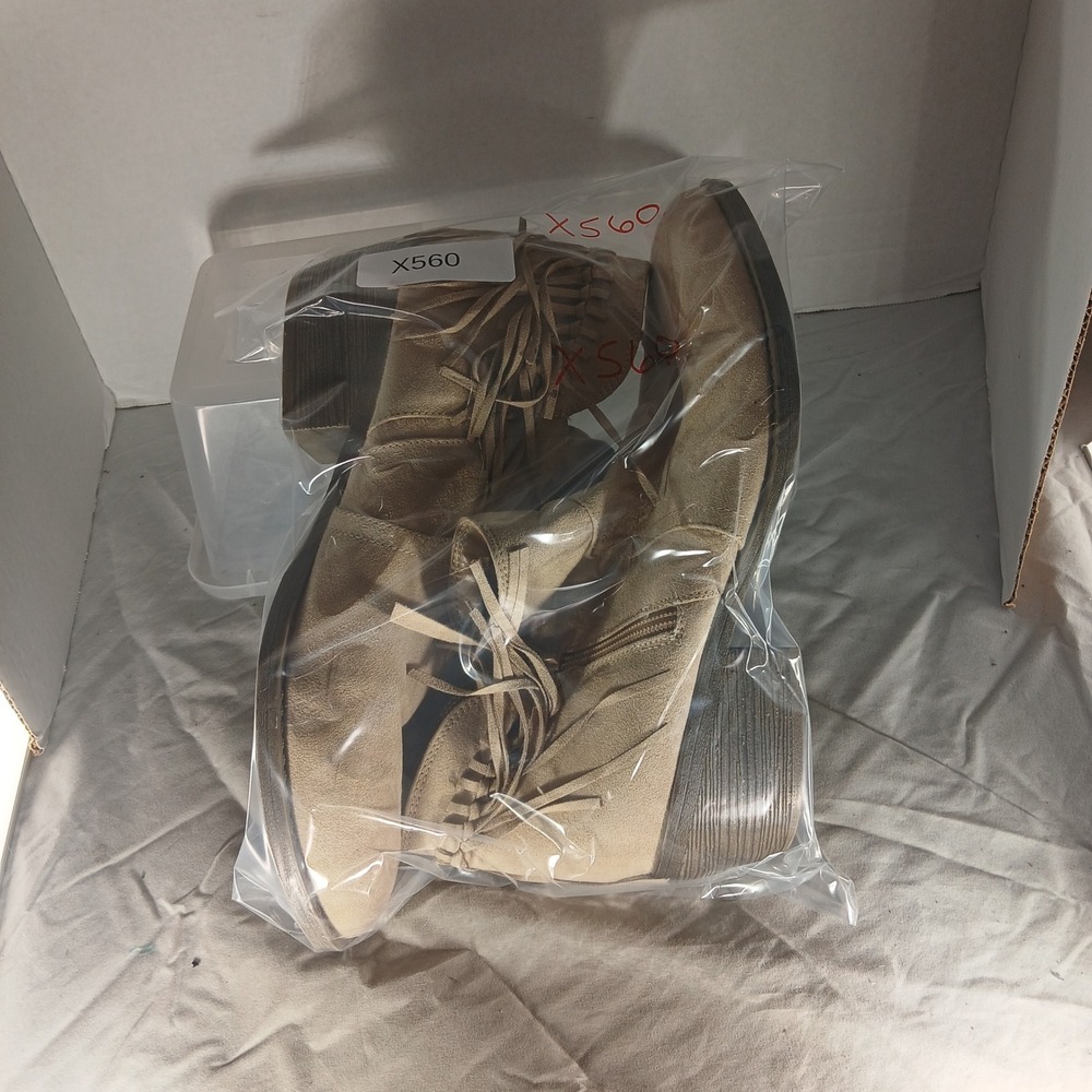 American Eagle Fringe Ankle Booties 13 Tan Boho Western Suede Block Heel Boots - Picture 10 of 10